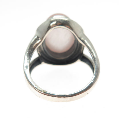 925 Sterling Silver Vintage Real Cabochon Rose Quartz Granulated Ring Size 7.25