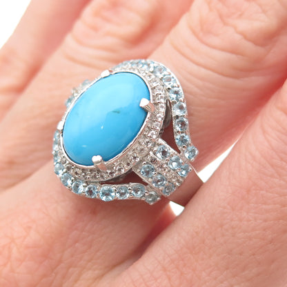 Chuck Clemency 925 Sterling Silver Real Turquoise White & Blue Topaz Ring Size 8