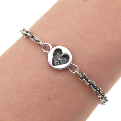 925 Sterling Silver Vintage Heart Cable Link Oxidized Bracelet 7.25"