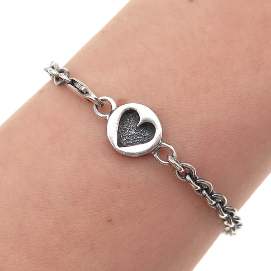 925 Sterling Silver Vintage Heart Cable Link Oxidized Bracelet 7.25"