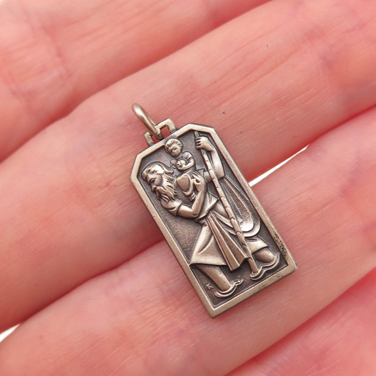925 Sterling Silver Vintage St. Christopher Religious Oxidized Charm Pendant