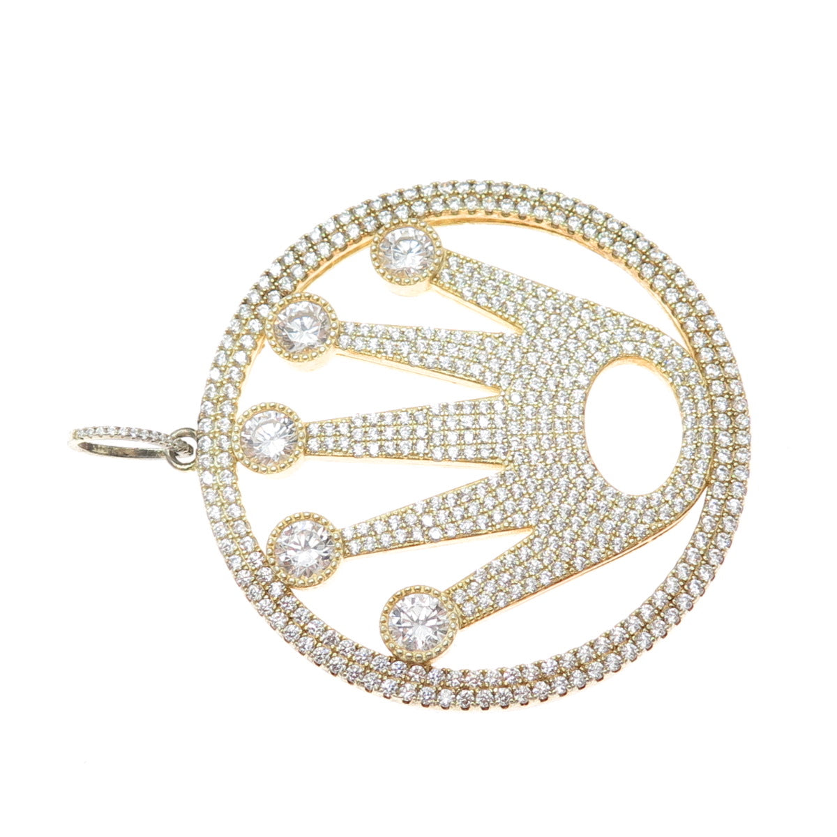 925 Sterling Silver Gold Plated Round-Cut C Z Sparkle Crown Large Pendant