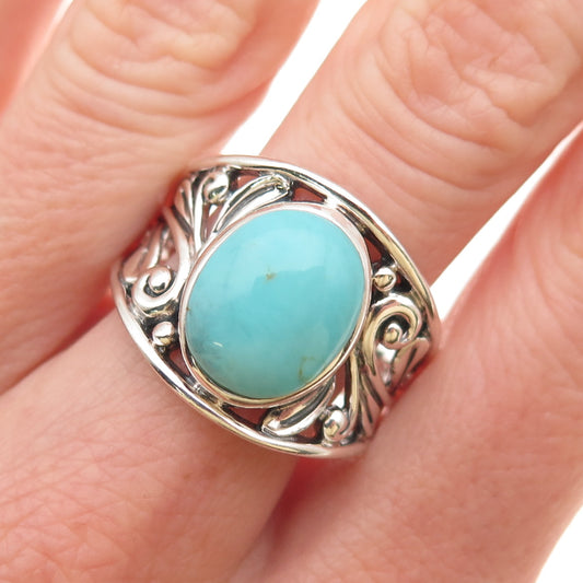 SX Sally C 925 Sterling Silver Vintage Real Turquoise Floral Ring Size 10