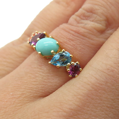 925 Sterling Silver Gold Plated Turquoise Opal Topaz Tourmaline Ring Size 5.25