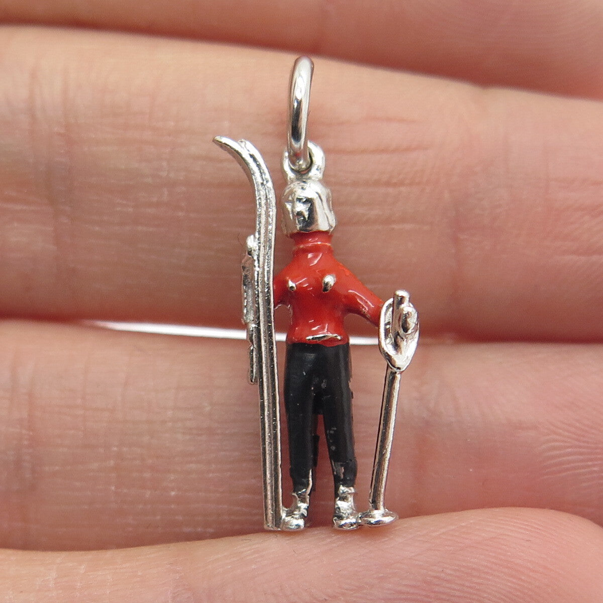925 Sterling Silver Antique Art Deco Enamel Skier Minimalist 3D Charm Pendant