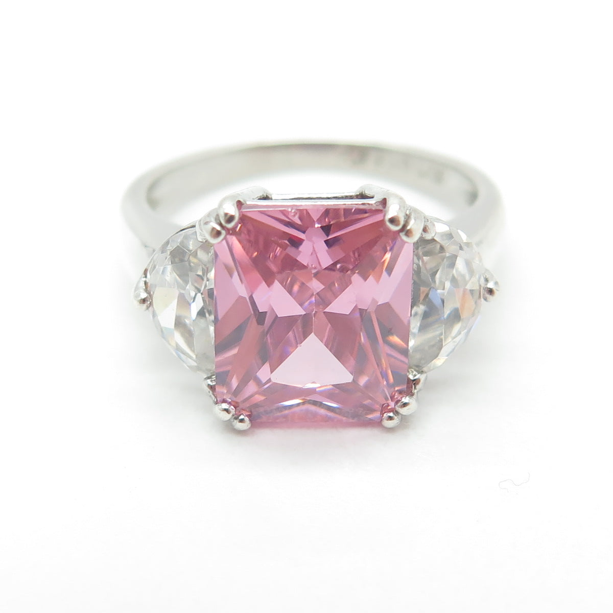 925 Sterling Silver Radiant-Cut Pink & White C Z Ring Size 7.75