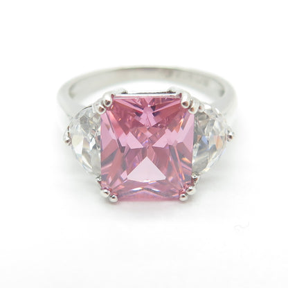 925 Sterling Silver Radiant-Cut Pink & White C Z Ring Size 7.75