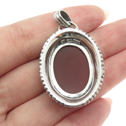 925 Sterling Silver Vintage Real Carnelian Heart Ornate Oxidized Charm Pendant
