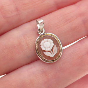 925 Sterling Silver 2-Tone Vintage Real MOP Floral Cameo Charm Pendant