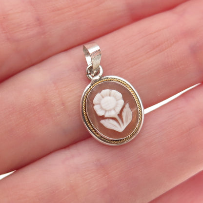 925 Sterling Silver 2-Tone Vintage Real MOP Floral Cameo Charm Pendant