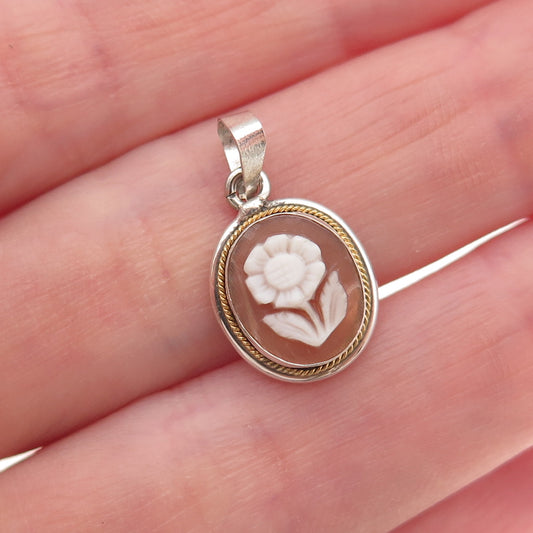 925 Sterling Silver 2-Tone Vintage Real MOP Floral Cameo Charm Pendant