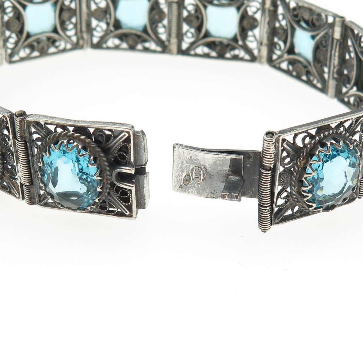 800 Silver Vintage Italy Blue Glass Filigree Panel Link Bracelet 7.25"