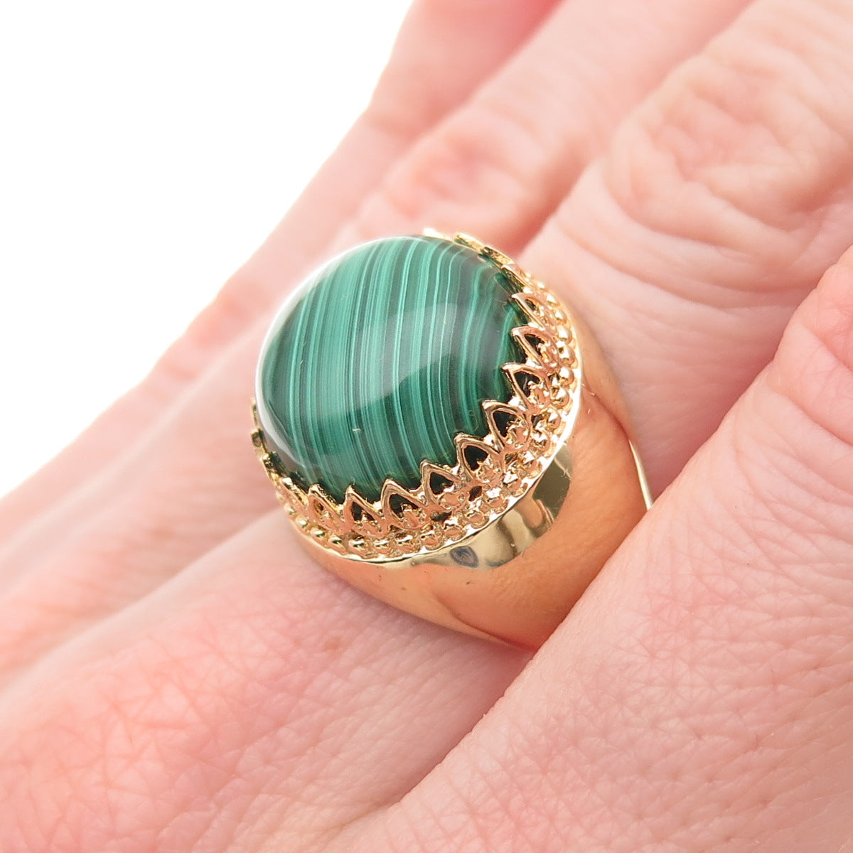 925 Sterling Silver Gold Plated Real Malachite Crown Ring Size 6.25