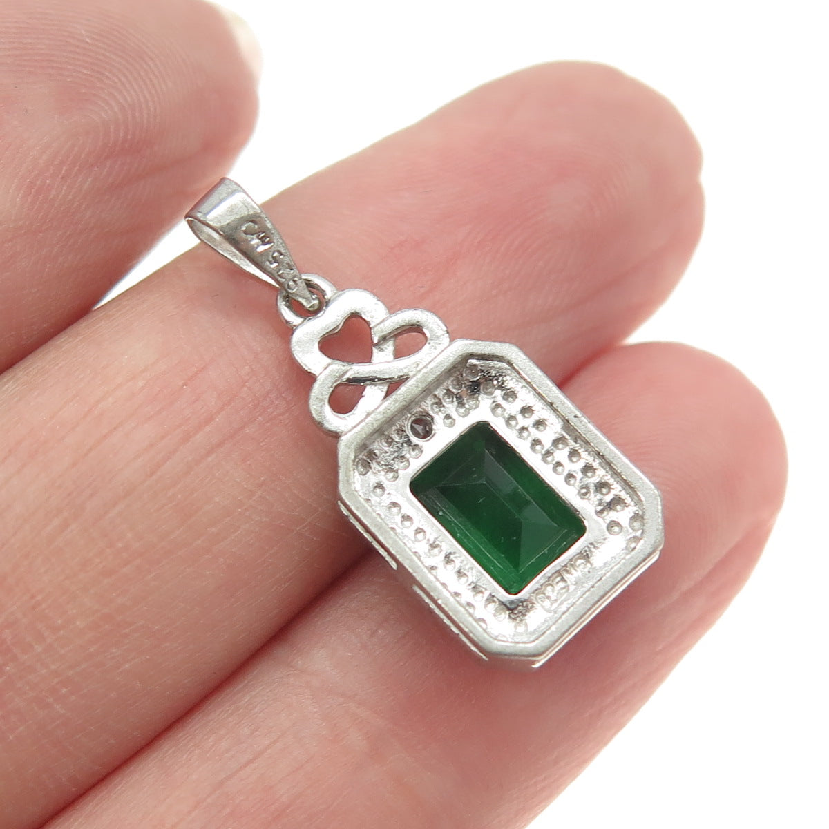 925 Sterling Silver Real White Diamond Accent & Lab-Created Emerald Pendant