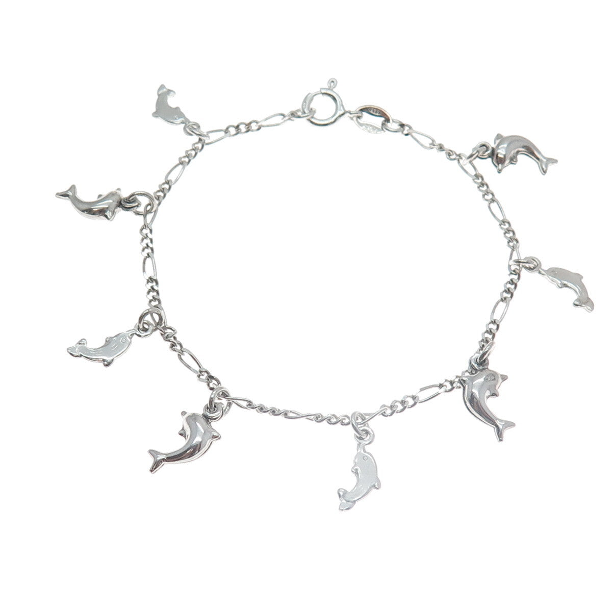 925 Sterling Silver Italy Dolphin Charms Figaro Link Bracelet 7"