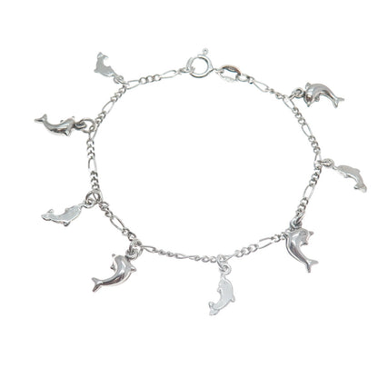 925 Sterling Silver Italy Dolphin Charms Figaro Link Bracelet 7"