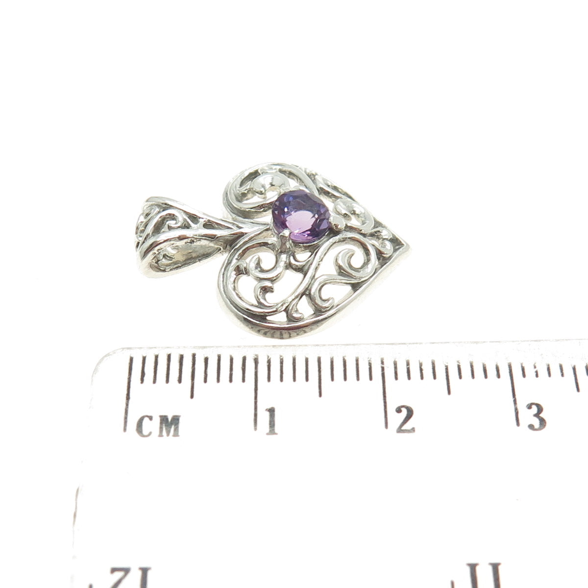 KABANA 925 Sterling Silver Vintage Real Amethyst Gemstone Heart Ornate Pendant