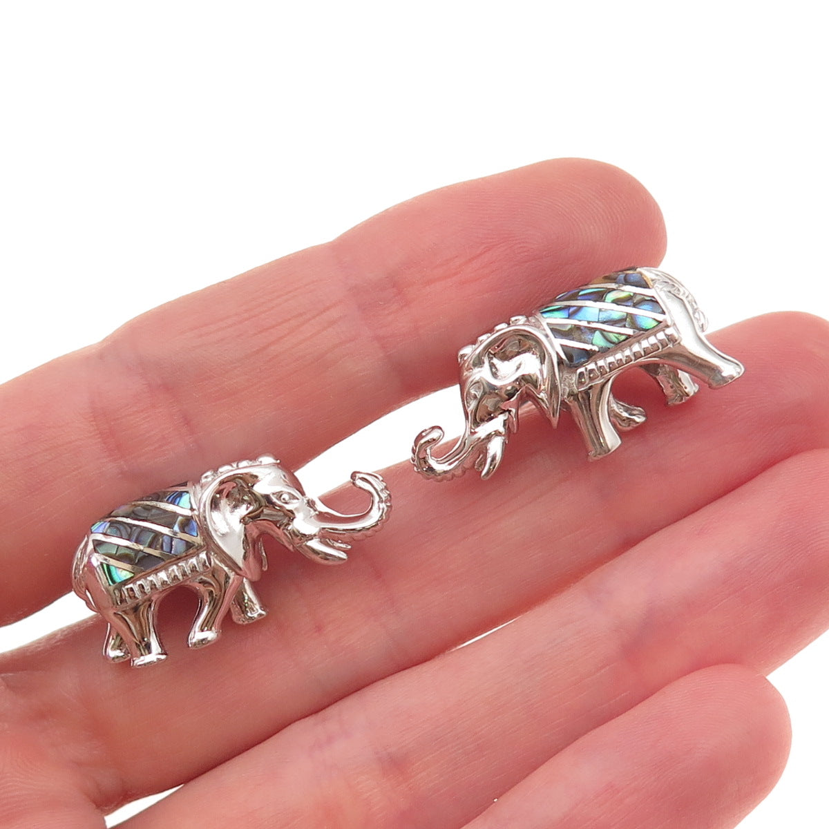 Jan Leslie 925 Sterling Silver Real Abalone Shell Elephant Cufflinks