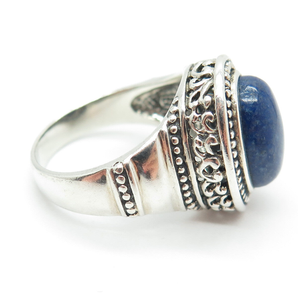 925 Sterling Silver Vintage Real Lapis Granulated Oxidized Ring Size 10.25