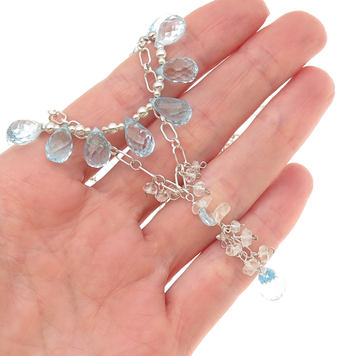 925 Sterling Vintage Real Blue Topaz & Clear Quartz Double Chain Necklace 20"