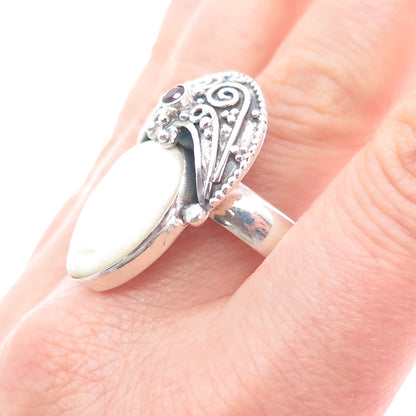 925 Sterling Silver Vintage Real MOP & Red Garnet Carved Goddess Ring Size 14