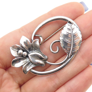 JEWELART 925 Sterling Silver Antique Art Deco Rose Flower Oxidized Pin Brooch