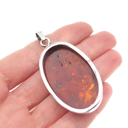 925 Sterling Silver Vintage Poland Real Cabochon Amber Oval Pendant