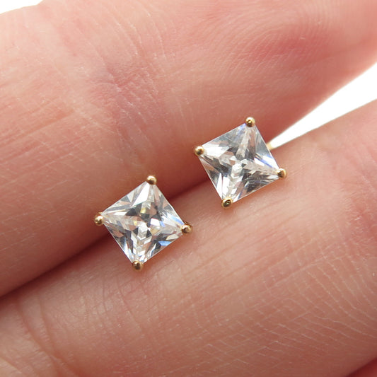 925 Sterling Silver Gold Plated Princess-Cut C Z Stud Earrings