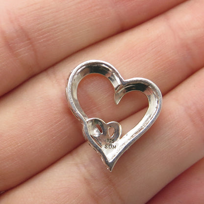 SUN 925 Sterling Silver Real Round-Cut Diamond Heart Slide Pendant