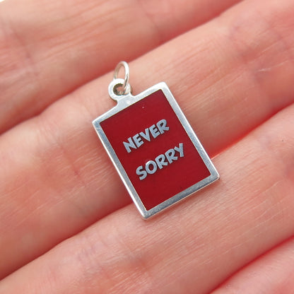 925 Sterling Silver Red Enamel Never Sorry Minimalist Charm Pendant