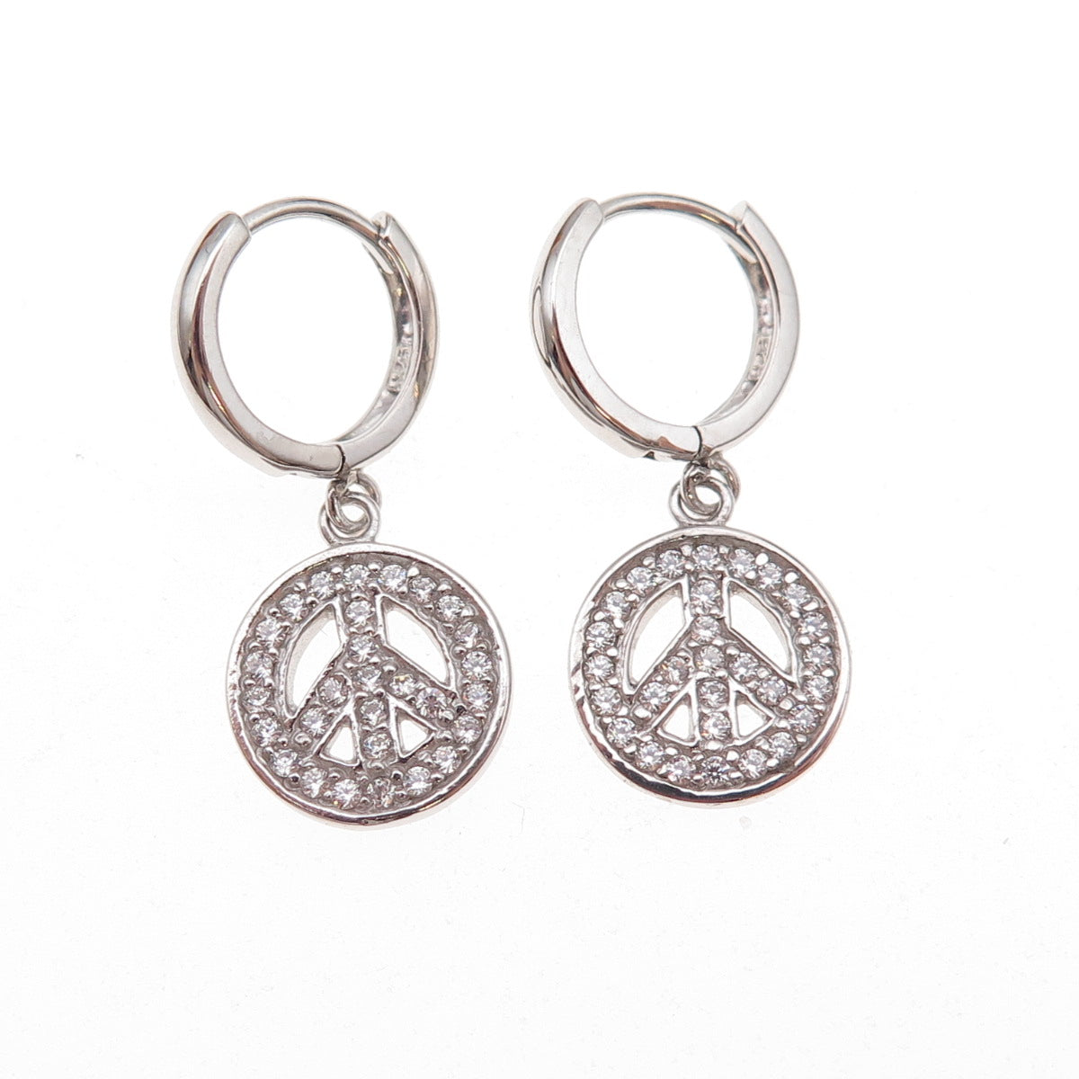 925 Sterling Silver Round-Cut C Z Peace Symbol Dangle Earrings