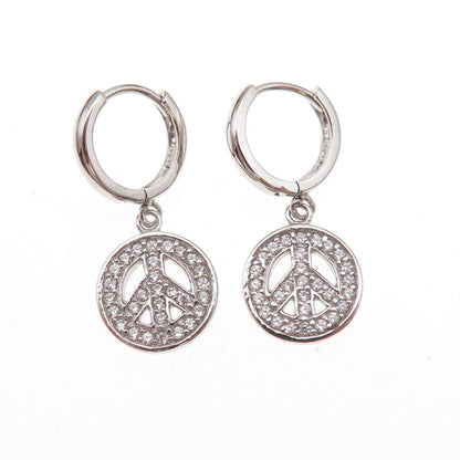 925 Sterling Silver Round-Cut C Z Peace Symbol Dangle Earrings