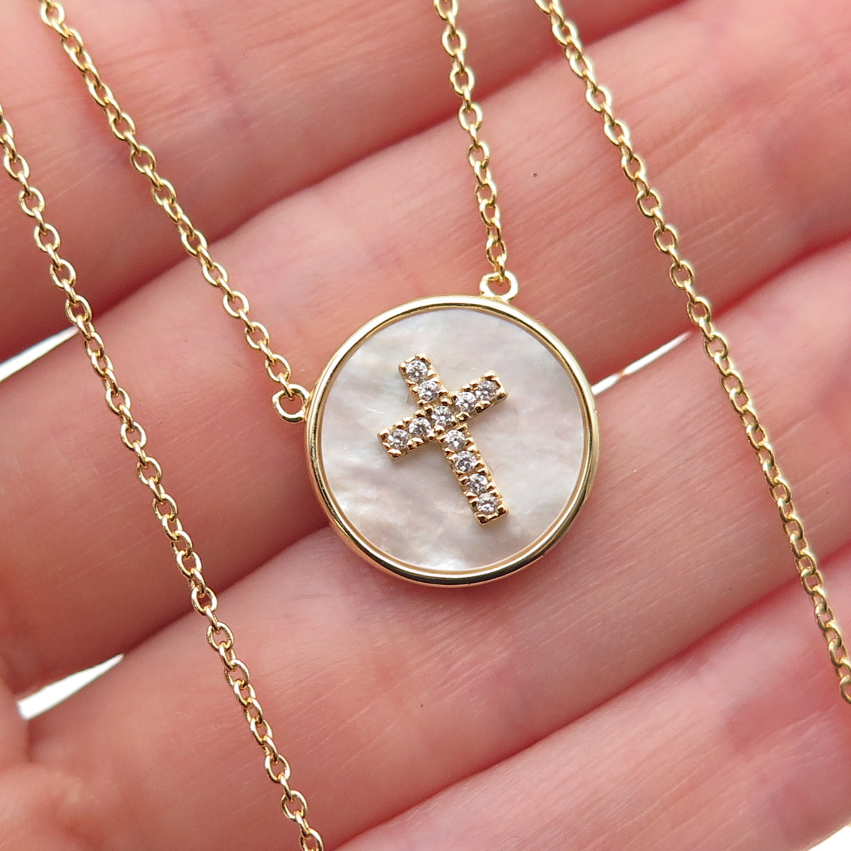 Han 925 Sterling Gold Plated Real MOP & C Z Cross Cable Chain Necklace 16-18"