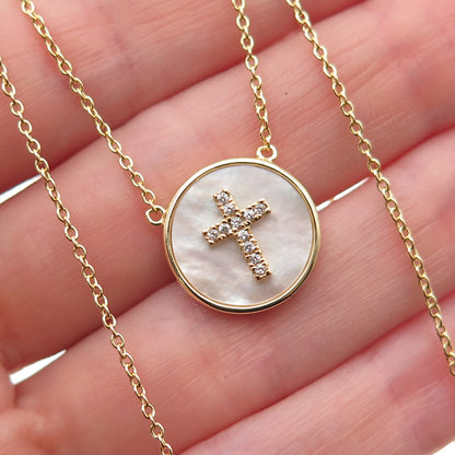 Han 925 Sterling Gold Plated Real MOP & C Z Cross Cable Chain Necklace 16-18"
