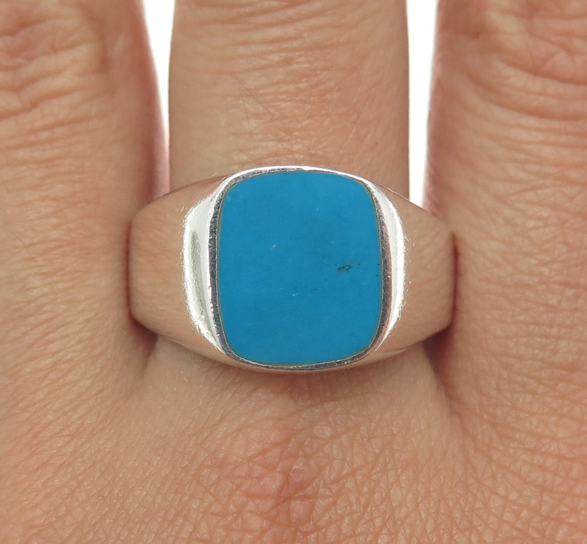 925 Sterling Silver Vintage Mexico Real Turquoise Signet Ring Size 13