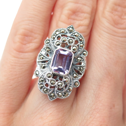 925 Sterling Silver Vintage Real Amethyst & Marcasite Art Deco Style Ring Size 6