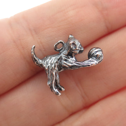 925 Sterling Silver Vintage Playing Cat Oxidized Minimalist 3D Charm Pendant