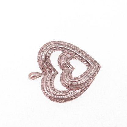 Sun 925 Sterling Silver Real Round & Tapered Baguette-Cut Diamond Heart Pendant