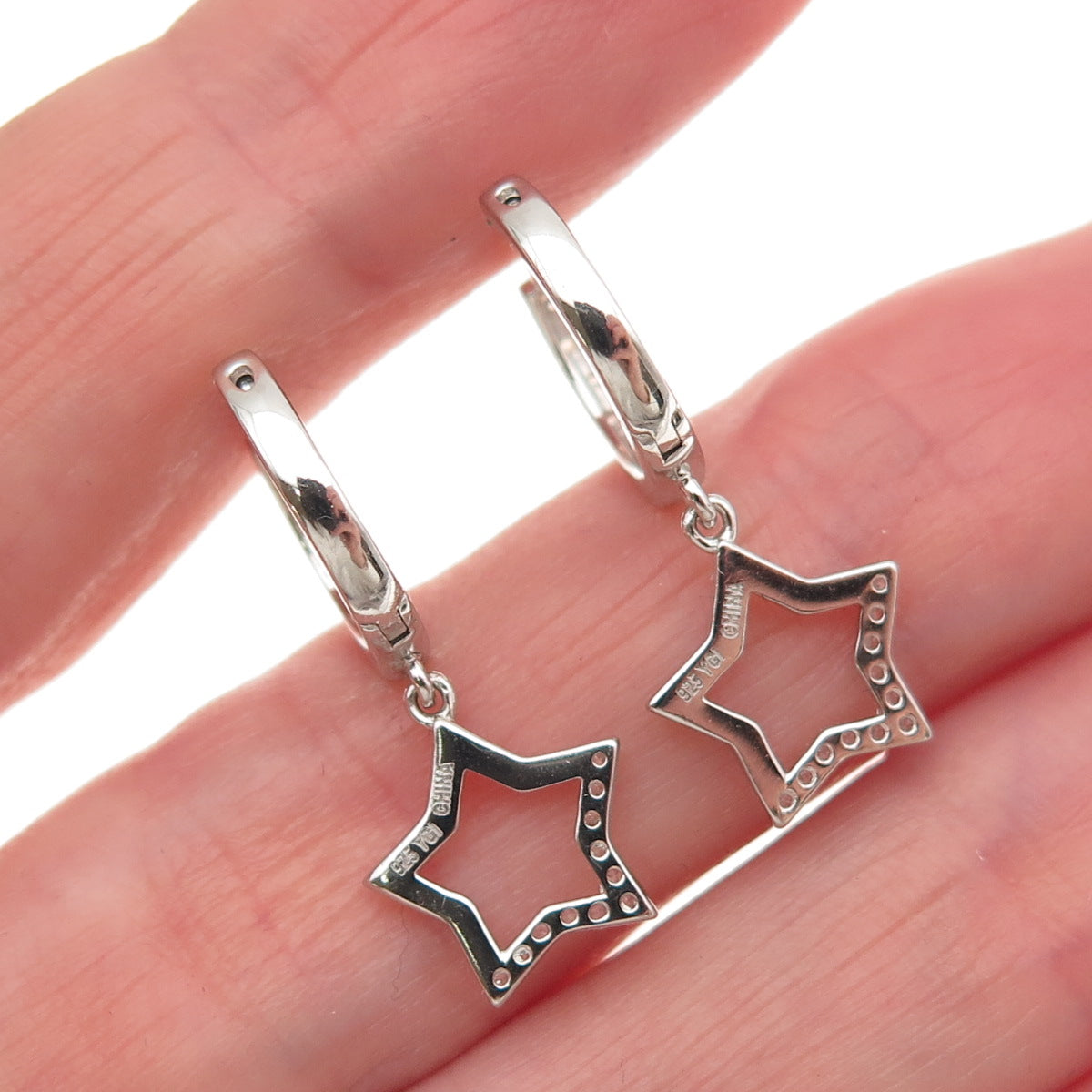 925 Sterling Silver Round-Cut C Z Star Dangle Hoop Earrings
