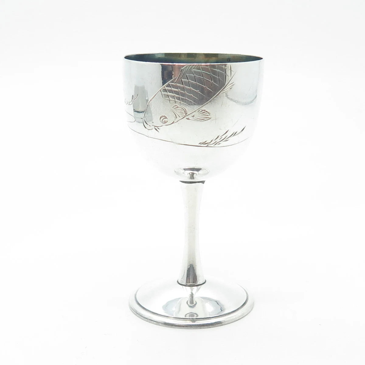 925 Sterling Silver Antique China Export Engraved Koi Fish Handmade Liquor Cup