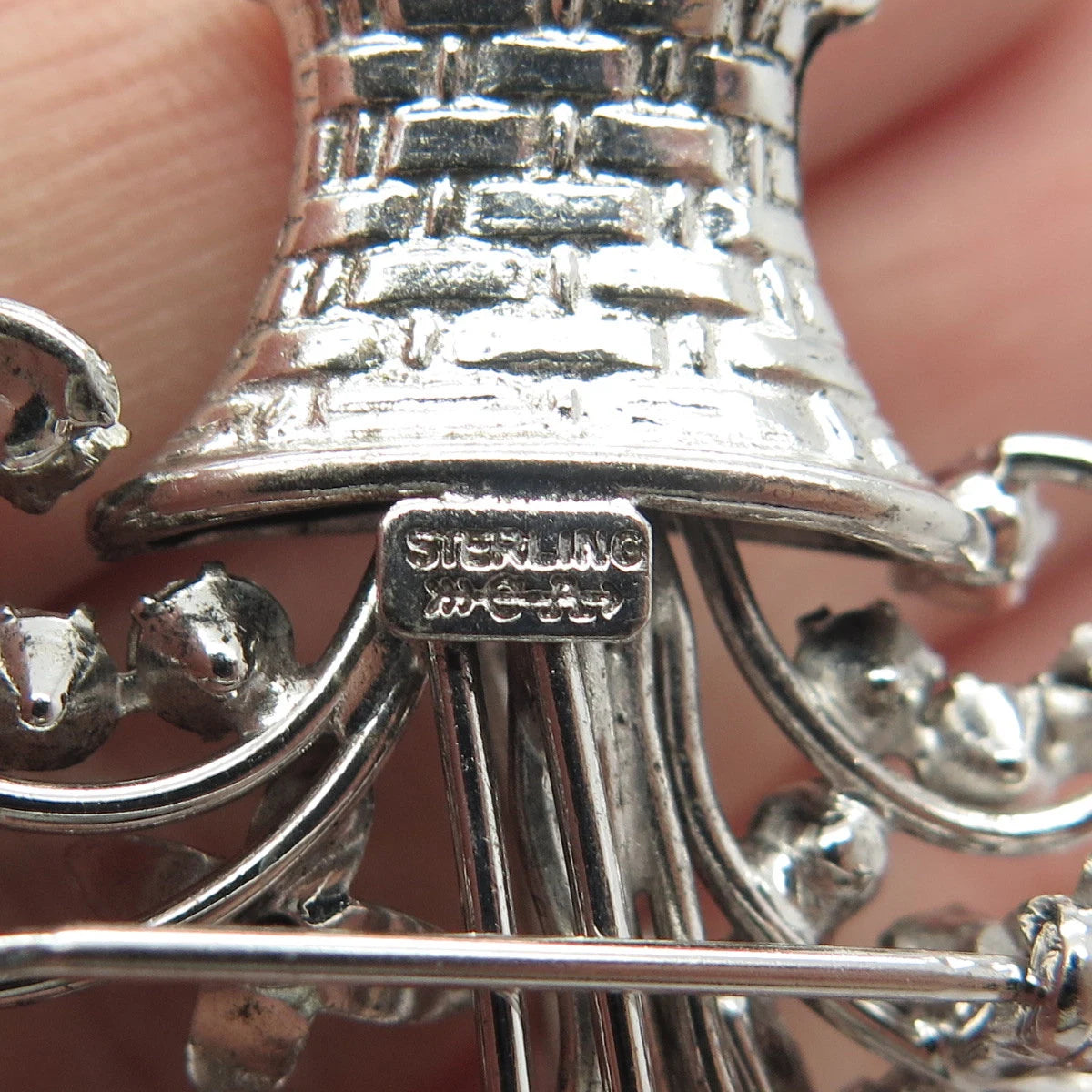 925 Sterling Silver Vintage Carl Art Rhinestone Floral Basket Pin Brooch
