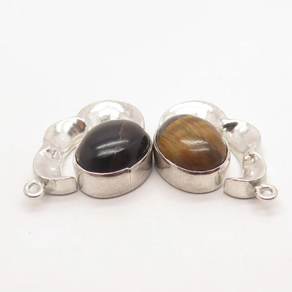 925 Sterling Silver Vintage Real Tiger Eye Gemstone Jacket Earrings