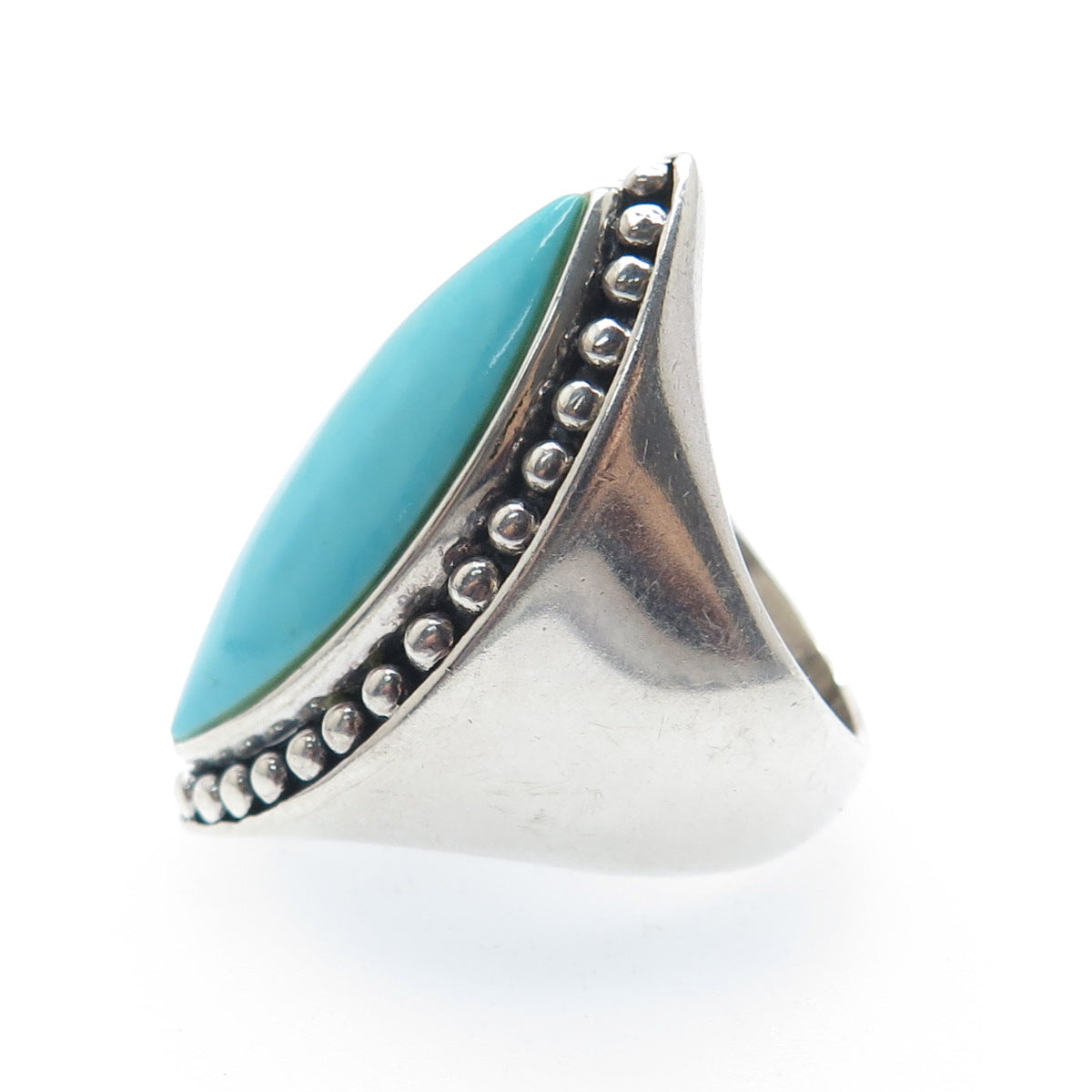 SX SALLY C 925 Sterling Silver Vintage Marquise-Cut Turquoise Beaded Ring Size 7