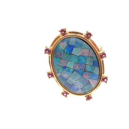 Dasan 925 Sterling Silver Gold Plated Real Opal & Amethyst Mosaic Ring Size 6