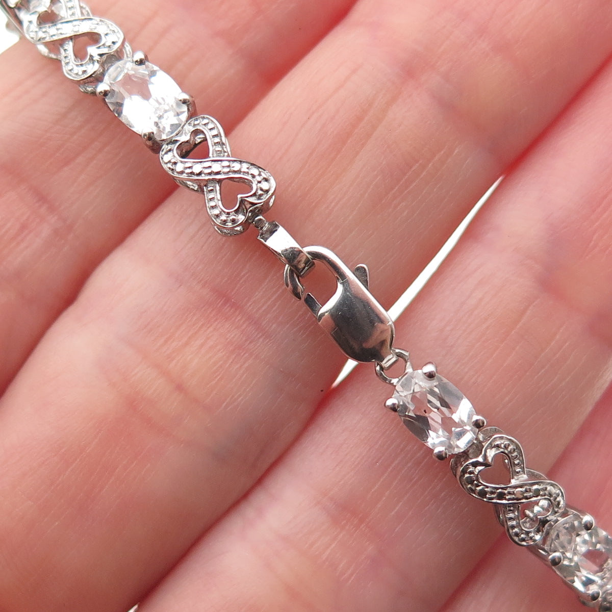 925 Sterling Silver Real Diamond Accent & White Topaz Infinity Bracelet 7.5"