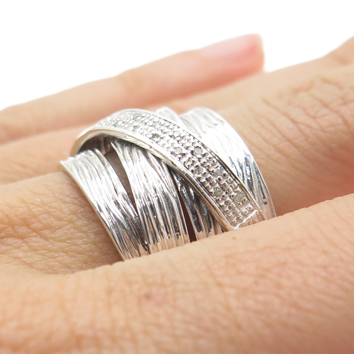 925 Sterling Silver Real Round-Cut Diamond Crisscross Ring Size 9.5