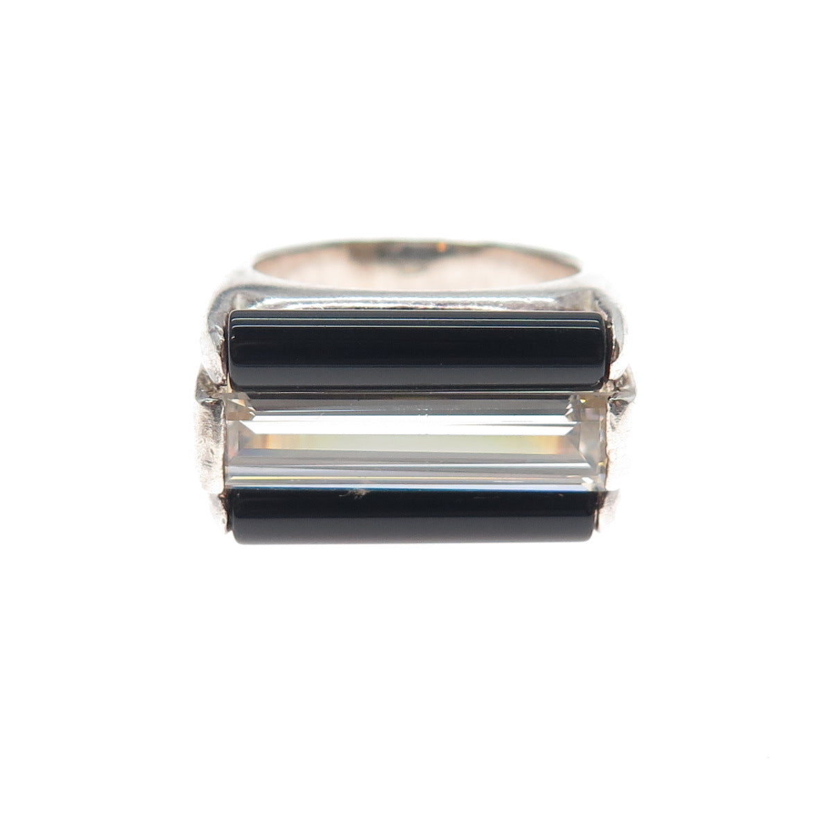 925 Sterling Silver Vintage Italy Real Black Onyx & C Z Modernist Ring Size 7.5