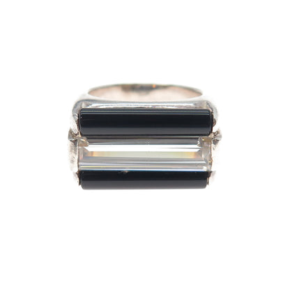 925 Sterling Silver Vintage Italy Real Black Onyx & C Z Modernist Ring Size 7.5