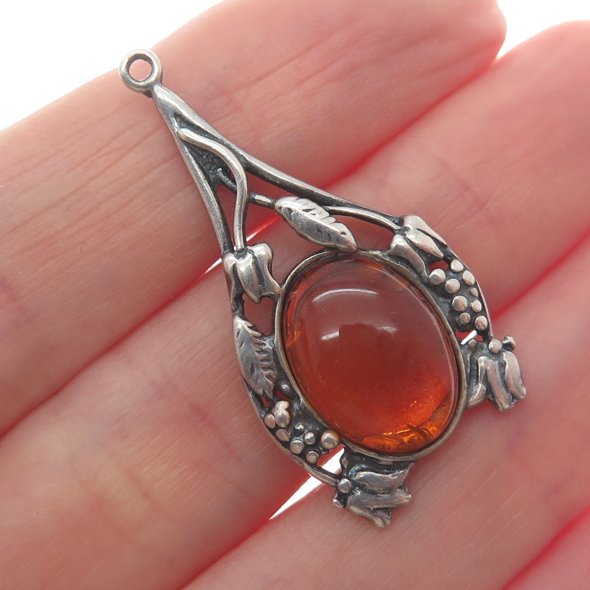 LISA LEE CREATIONS Sterling Silver Vintage Real Amber Floral Oxidized Pendant