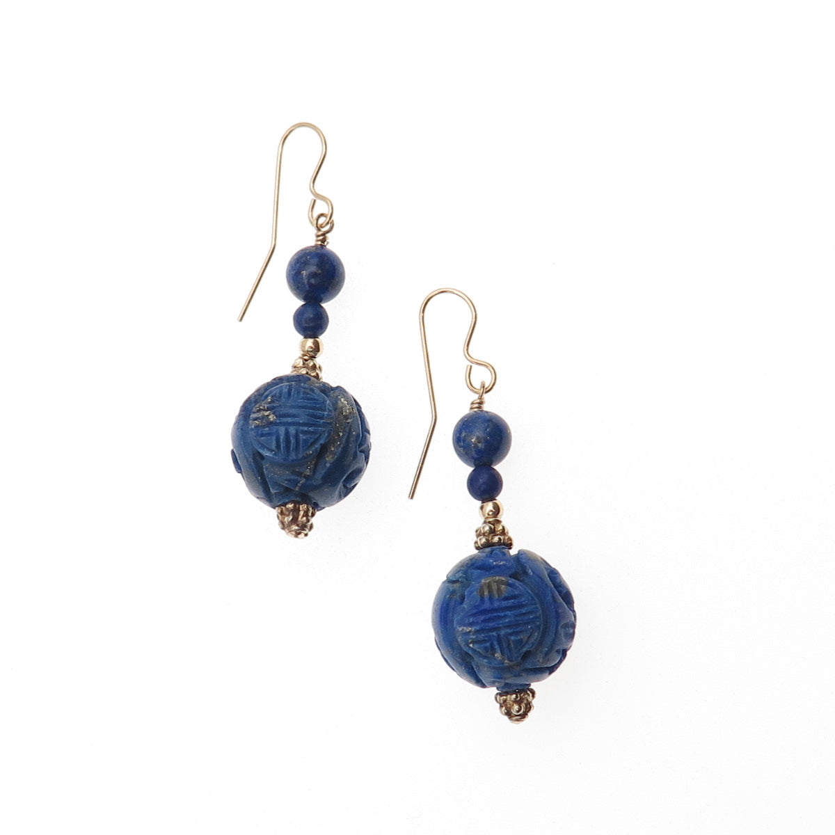 1/20 14K Gold Filled Vintage Real Lapis Carved Ball Beaded Dangle Earrings